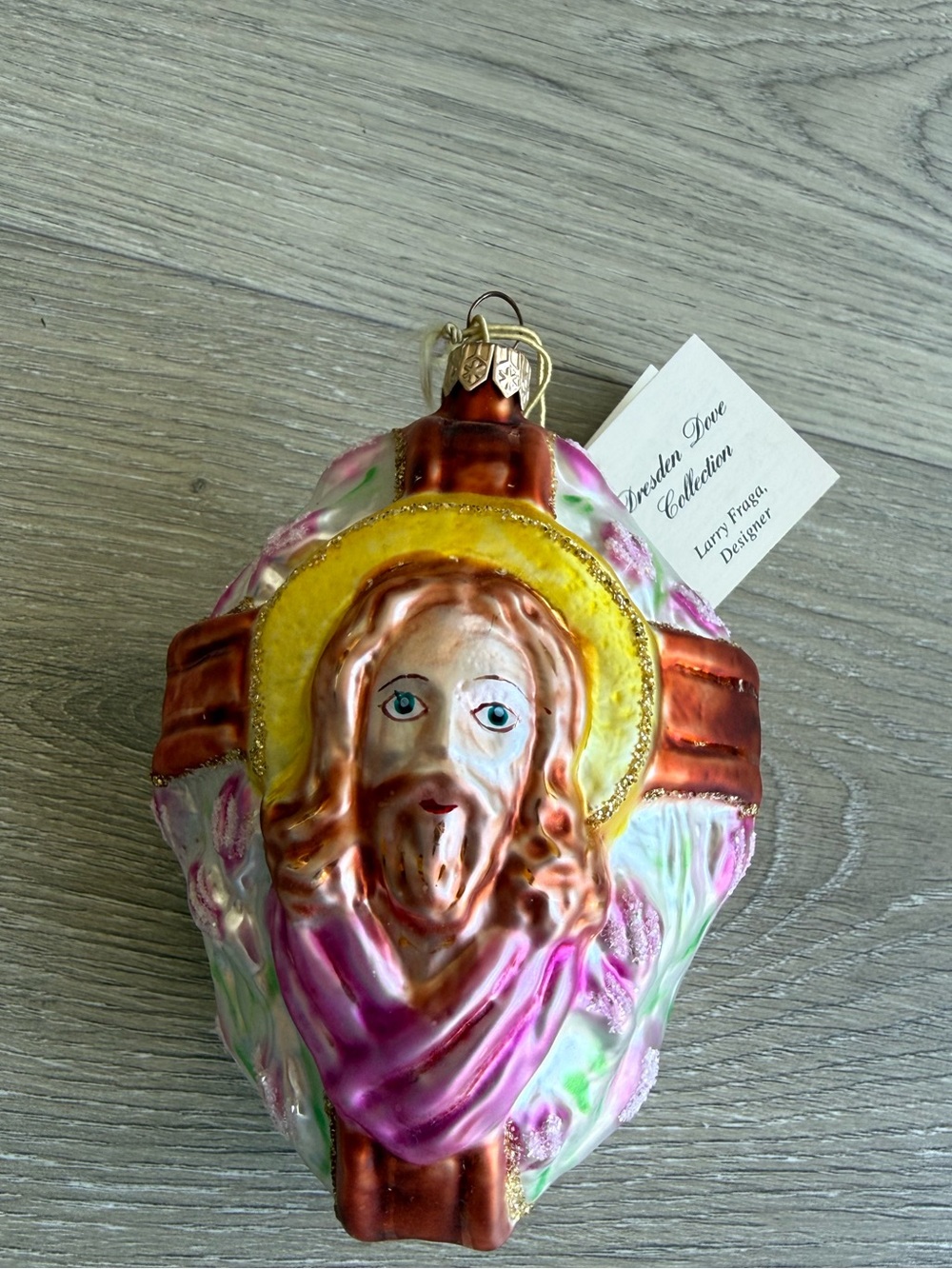 RARE larry fraga dresden dove christmas ornament jesus cross pink flowers bible